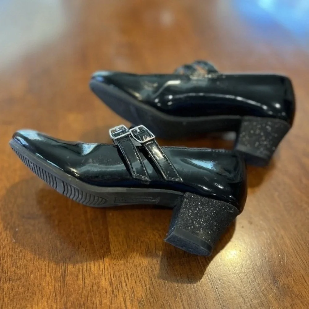 American Eagle Kids Black Patent Mary Jane Glitter Block‎ Heel Shoes Toddler 11